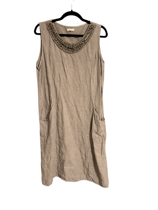 Lina Tomei Dresses & Skirts - Lina Tomei Italy Linen Sleeveless Dress - Taupe Beaded Neckline Size XL